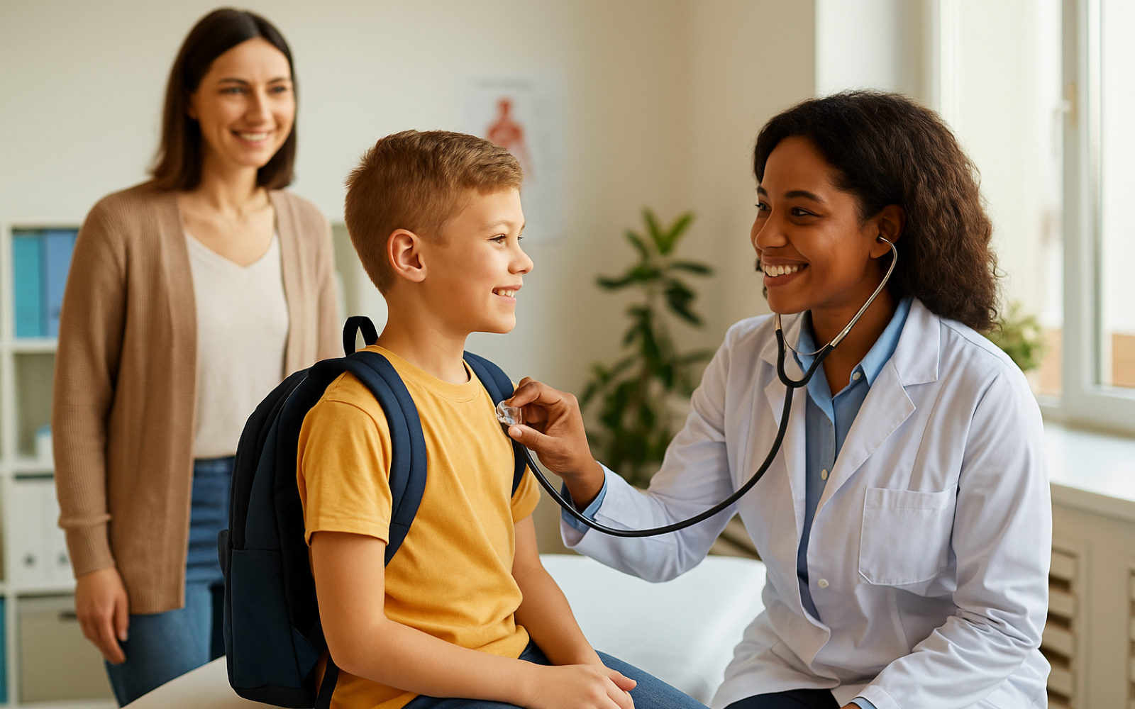 Doctor smiling while giving a back-to-school check-up to a young boy with a backpack, as his mother looks on in a bright medical office.