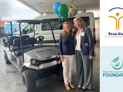 Emily Walker, Executive Director of Team Chad, and Jennifer Balog, Chief Development Officer at Nashville General Hospital Foundation, unite in their commitment to patient access during the dedication of the new Patient Courtesy Shuttle on September 12th at Nashville General Hospital.