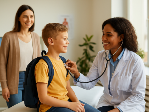 Doctor smiling while giving a back-to-school check-up to a young boy with a backpack, as his mother looks on in a bright medical office.