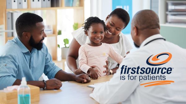 firstsource logo, family talking to physician