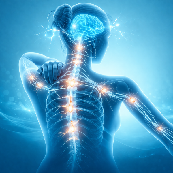 A high-quality medical illustration of Multiple Sclerosis (MS), featuring a semi-transparent human figure viewed from behind with a visible nervous system. The brain and spinal cord are softly glowing, with subtle disruption effects (cracks or electric-like distortions) along the nerve pathways to represent immune system damage. The color palette is centered around #4F95B8 (muted blue tones), with gradients of teal and soft cyan for a calm, clinical feel.